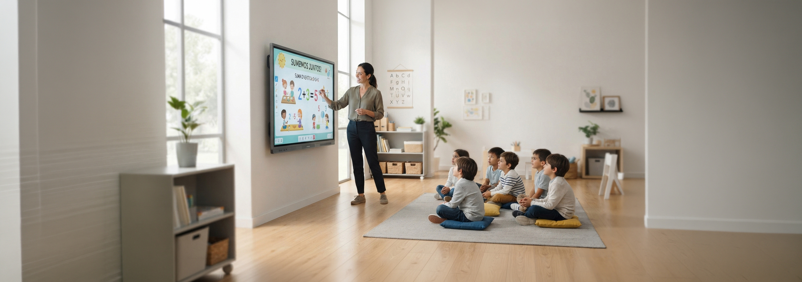 Profesora haciendo clases con pantalla interactiva de SAMSUNG
